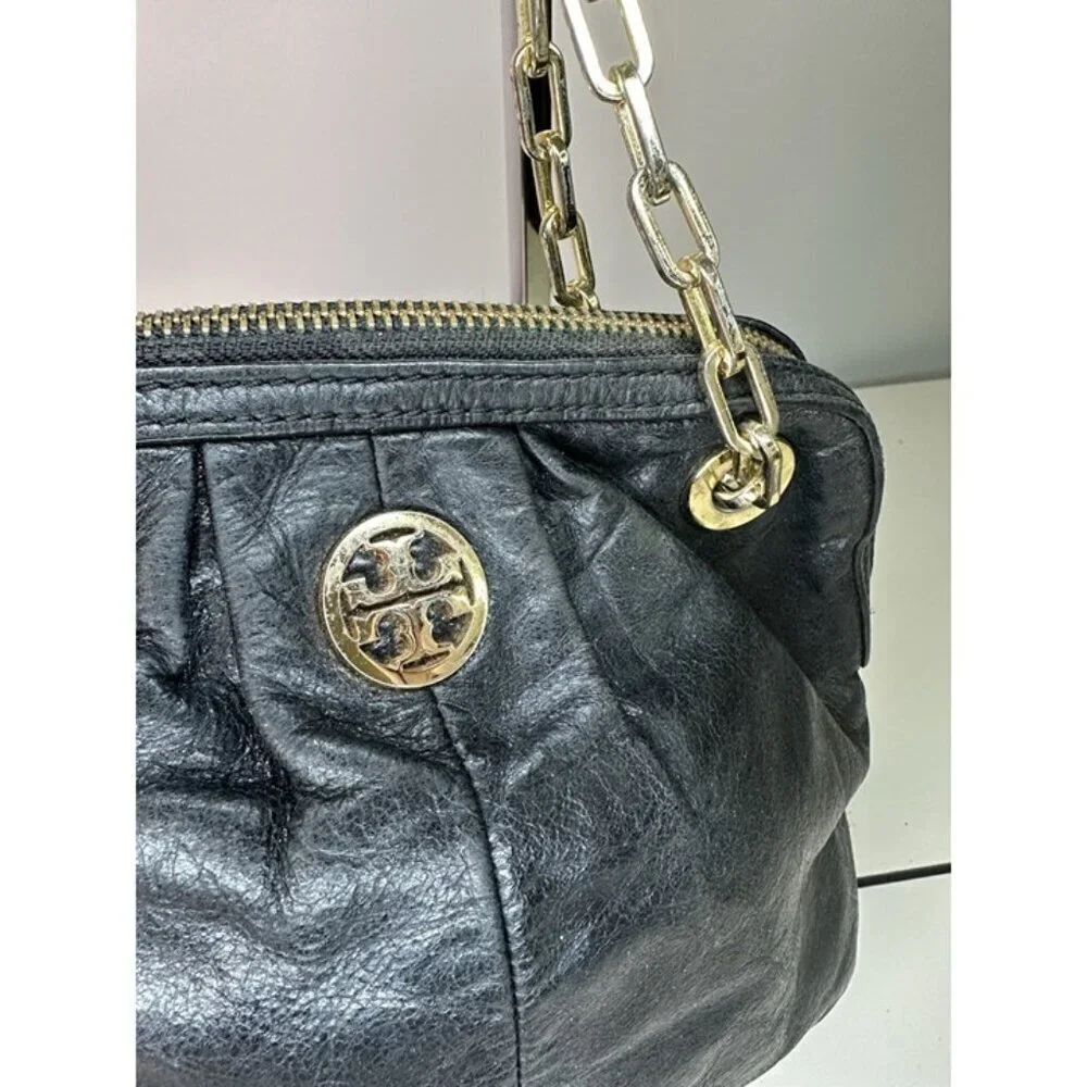 Tory Burch Dena Mini Black Crinkle Leather Crossbody Chain Bag